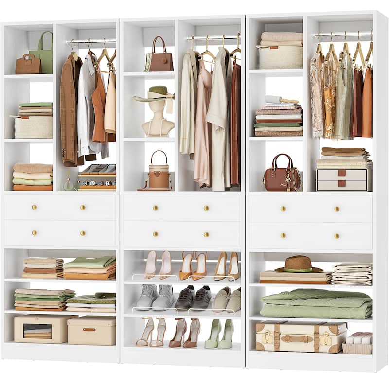 27.7'' Closet Organizer with Shoe Racks and Drawers, Closet System with Hanging Rod and Adjustable Shelves - White - 3pcs