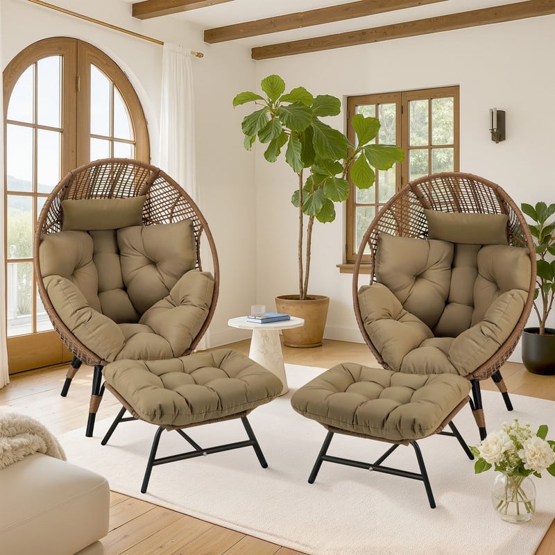 FINCATI Oversized Wicker Egg Chair with Ottoman Indoor Outdoor Accent Chair - 2 PCS-Brown