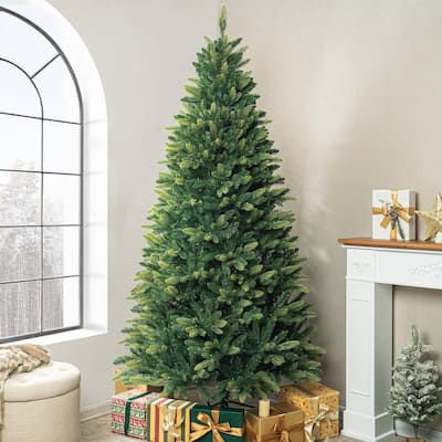 Natural Green Pre-Lit Christmas Trees with Rainbow Multi-Color Lights , 6.5 ft & 7.5 ft Options with Metal Stand