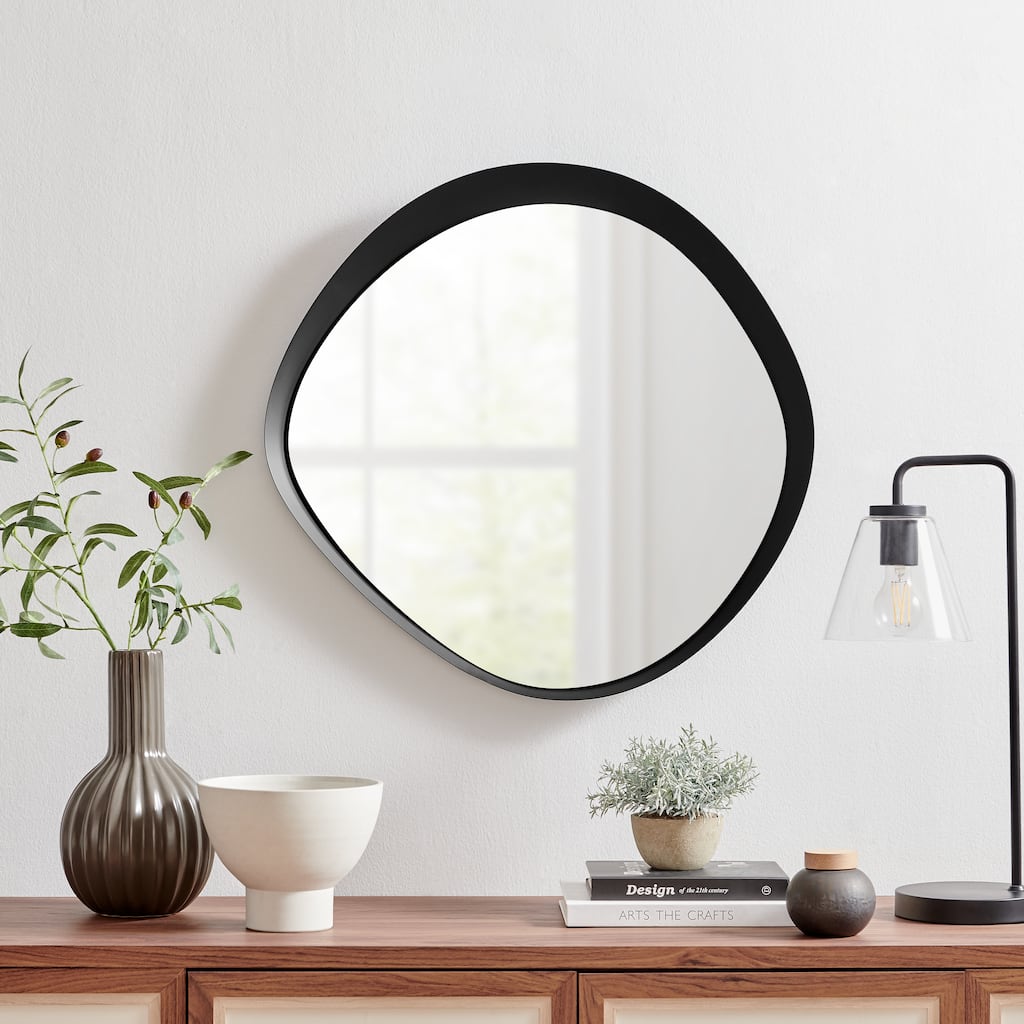 Danya B. Sonya 24-inch Contemporary Asymmetrical Round Wall Mirror with Raised Black Iron Frame