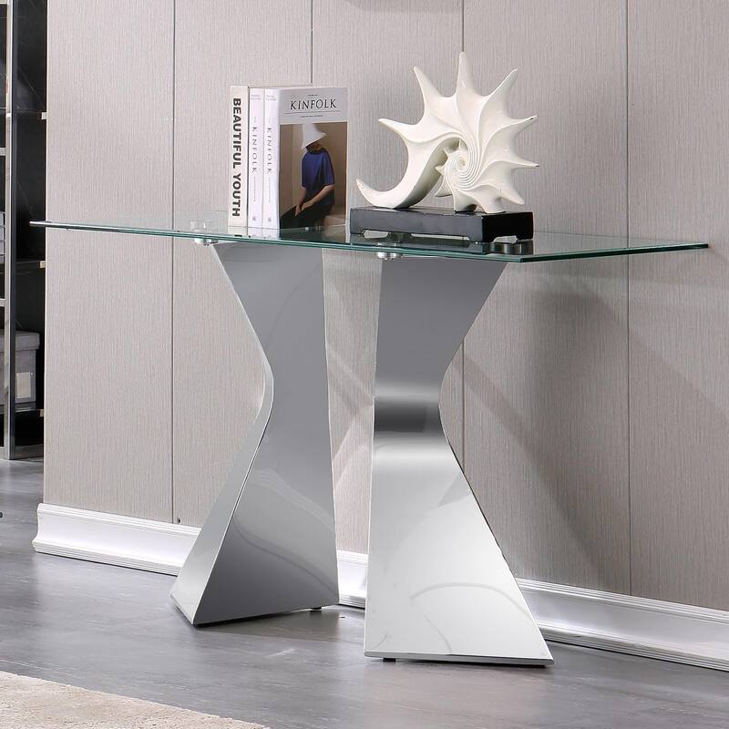 Luxury 51 inch Console Table Rectangular Sofa Entryway Console Table with Rectangle Tempered Glass Top and Metal Legs - Silver