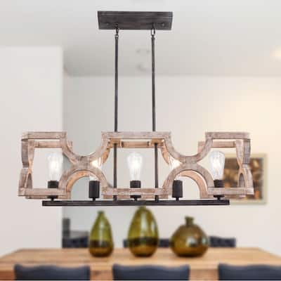 35" Wood Modern Farmhouse Kitchen Island Chandeliers 5-Light Linear Rustic Vintage Ceiling Light