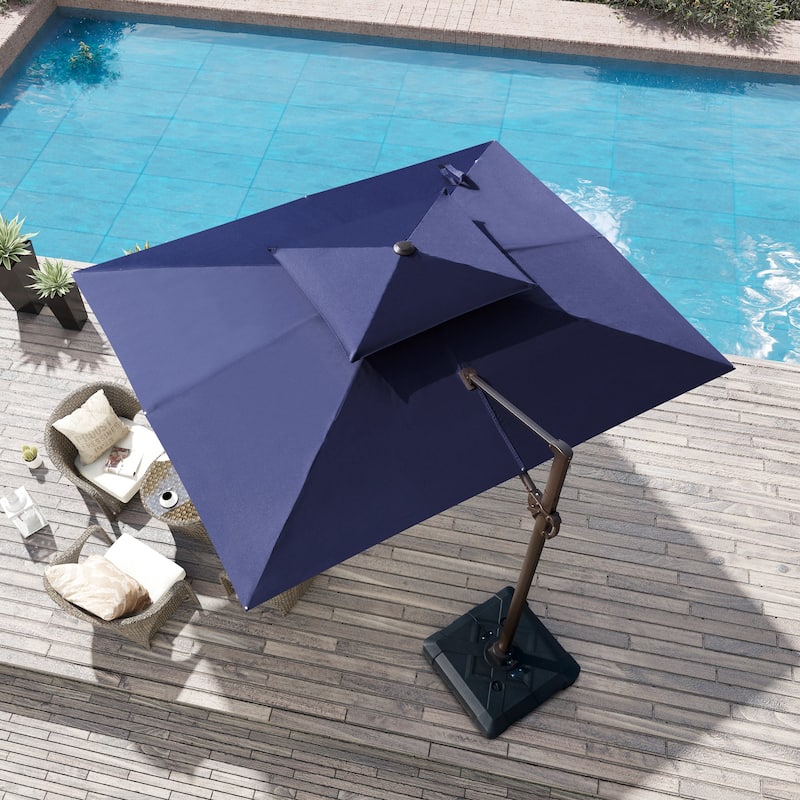 Outdoor 9 x 11.5 FT Dual Top Patio Cantilever Umbrella with Base - Navy Blue