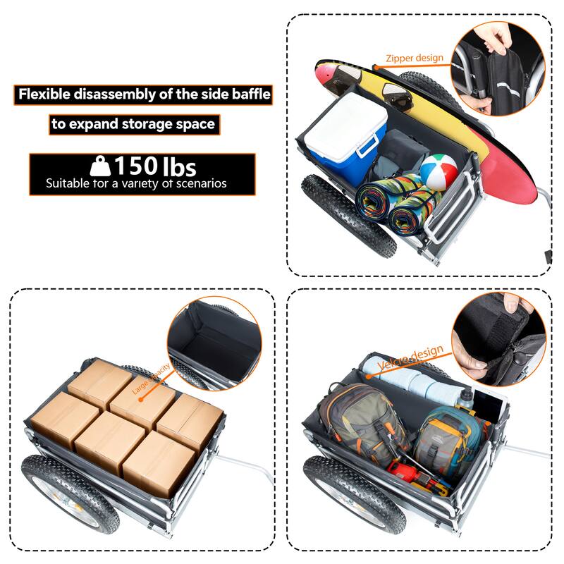 23"x4.0 Fat Tires Bike Cargo Trailer, 150LBS Load Capacity Heavy-Duty Bicycle Wagon Cart, Foldable Compact Storage