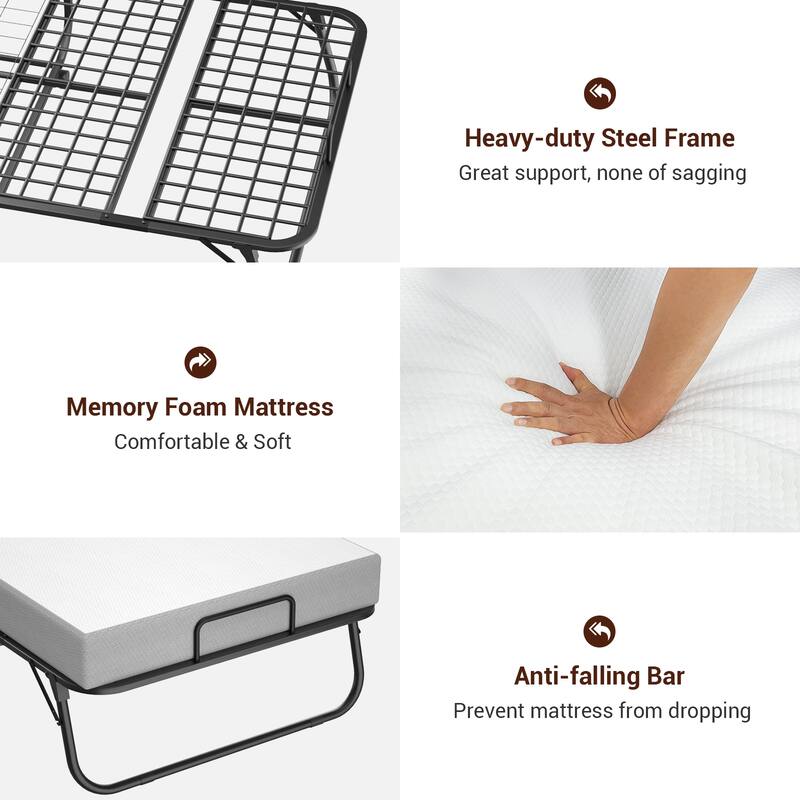 Folding Bed with 5 Inch Memory Foam Mattress, Small Single Bed Extra Guest Bed with Wheel