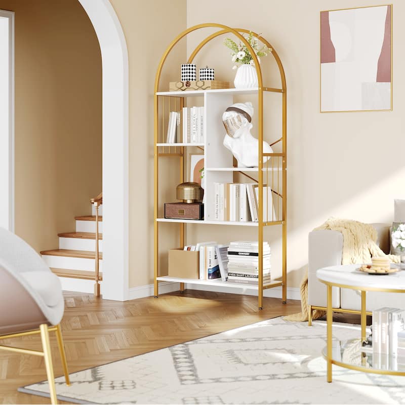 5-Tier Arched Bookshelf and Bookcase Gold Frame for Bedroom Living Room Office - 67"x31"