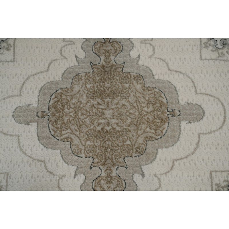 Machine Made Oriental Polyester Carpet Traditional Medallion Beige & Ivories Tabriz Area Rug - 7' 5'' X 5' 2''
