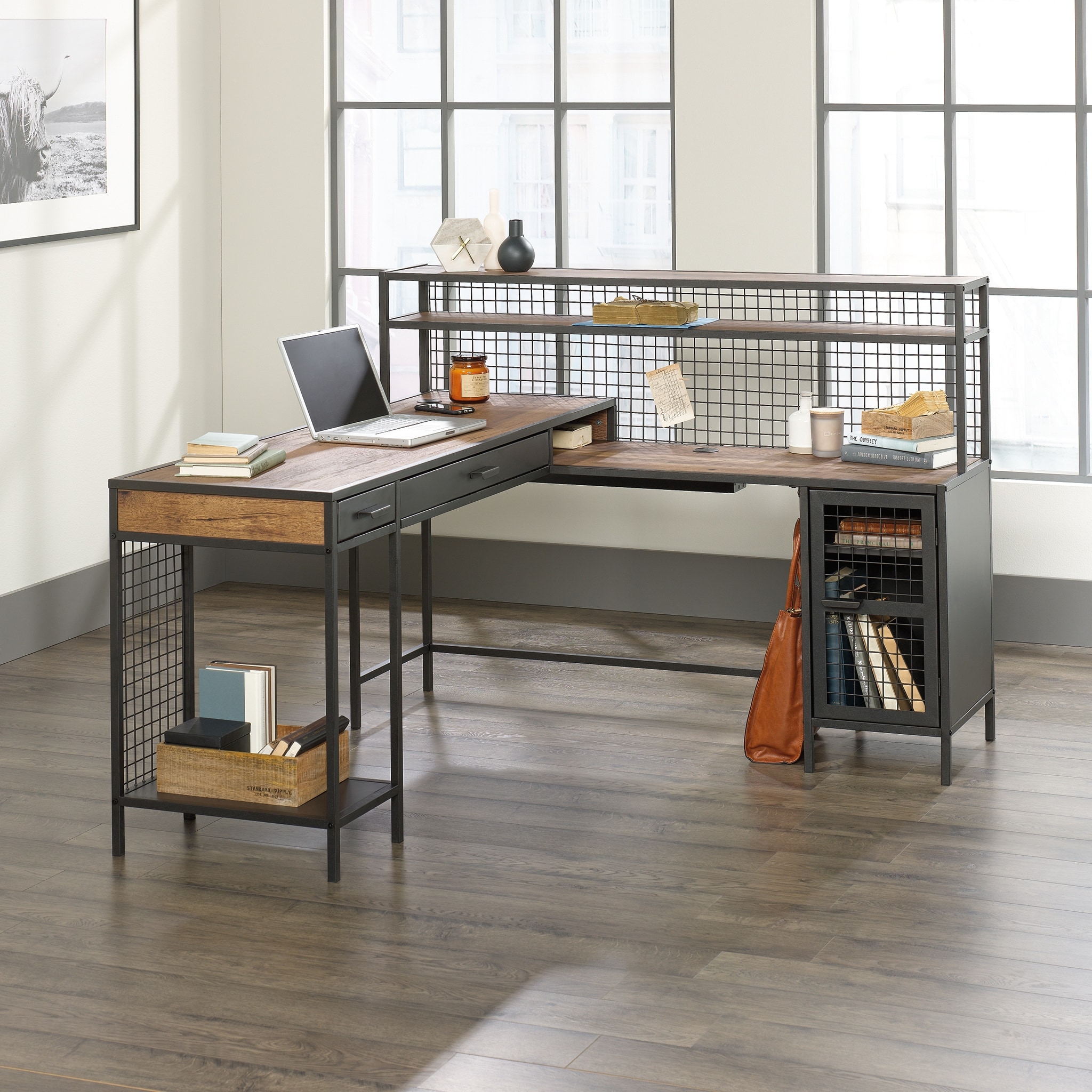 Engineered Wood Industrial L-Shaped Desk with 2 Drawers and Shelves, Brown