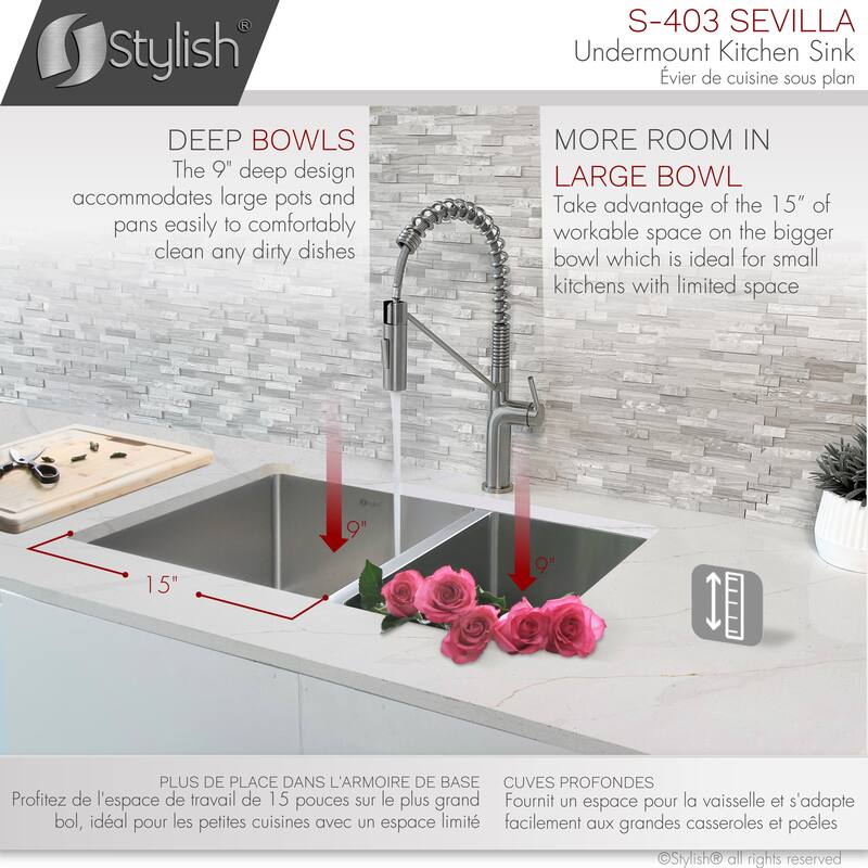 stylish 28 inches L x 18 inches W Double Bowl 60/40 Reversible Undermount Stainless Steel Kitchen Sink with Strainers