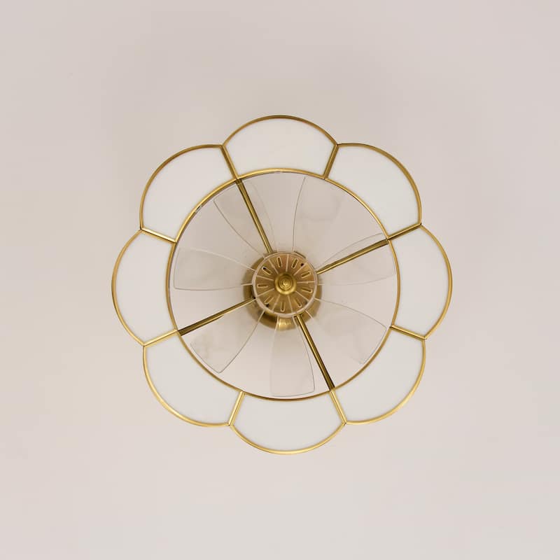 Strancta Scalloped Round White Gold Trim Tiffany Glass Lighted Ceiling Fandelier with Remote