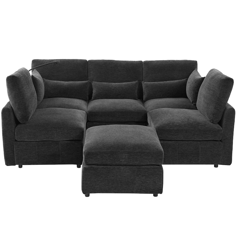 Modular Sectional Sofa with Movable Ottoman Convertible L-Shape or U-Shape Sofa Bed Built-in USB Charging Ports and Phone Holder