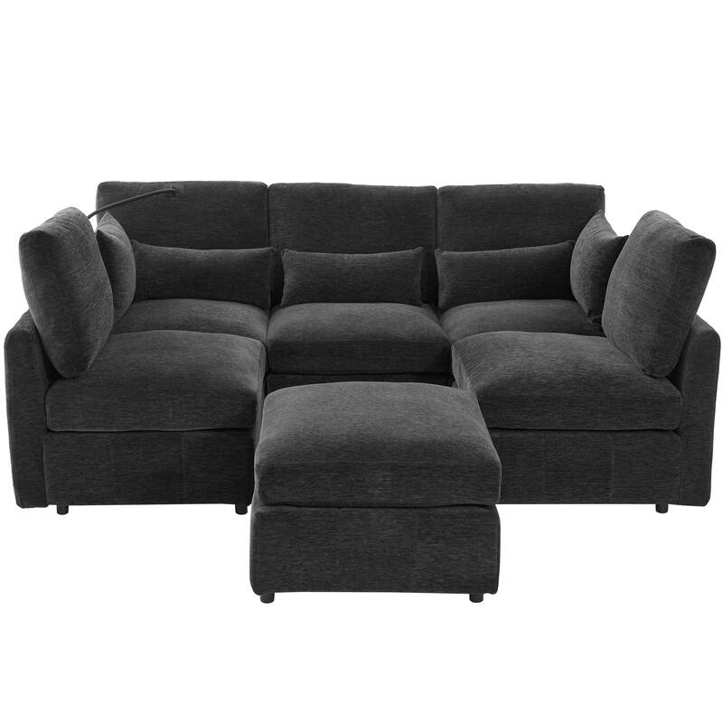 U Shaped Modular Sectional Sofa with Movable Ottoman, Chenille Upholstered 5-Seater Sofa with 2 USB Ports & Phone Holder