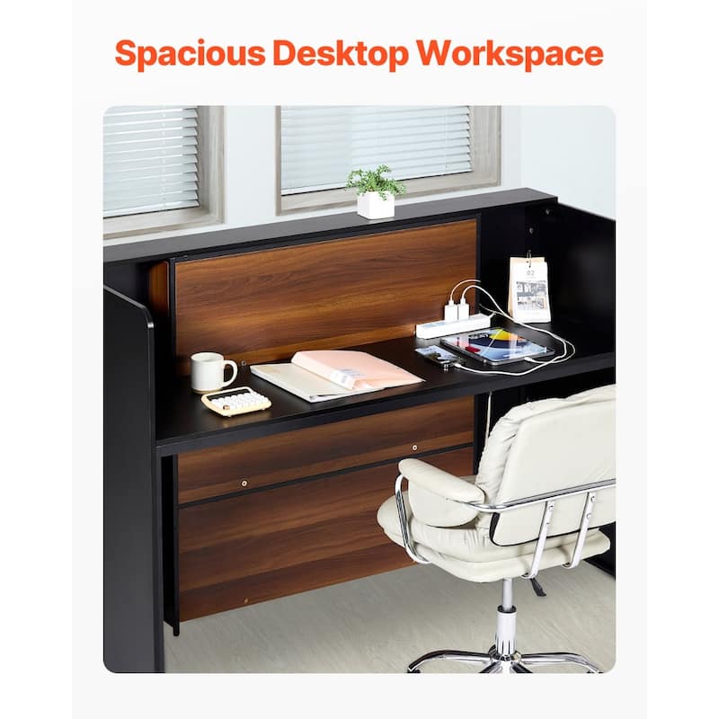 Black and Brown MDF Reception Desk with LED Lights, Spacious Waterproof Laminate Top
