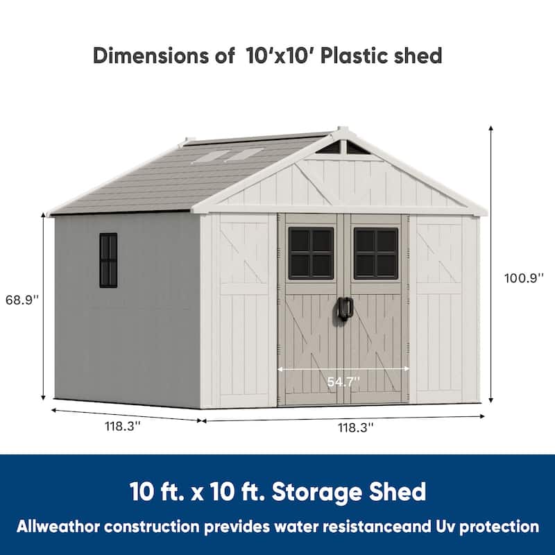 Patiowell 10 x 10 FT Resin Outdoor Storage Shed With Floor ,Weather Resistant, Organization for Home/Backyard/Garden, Off White