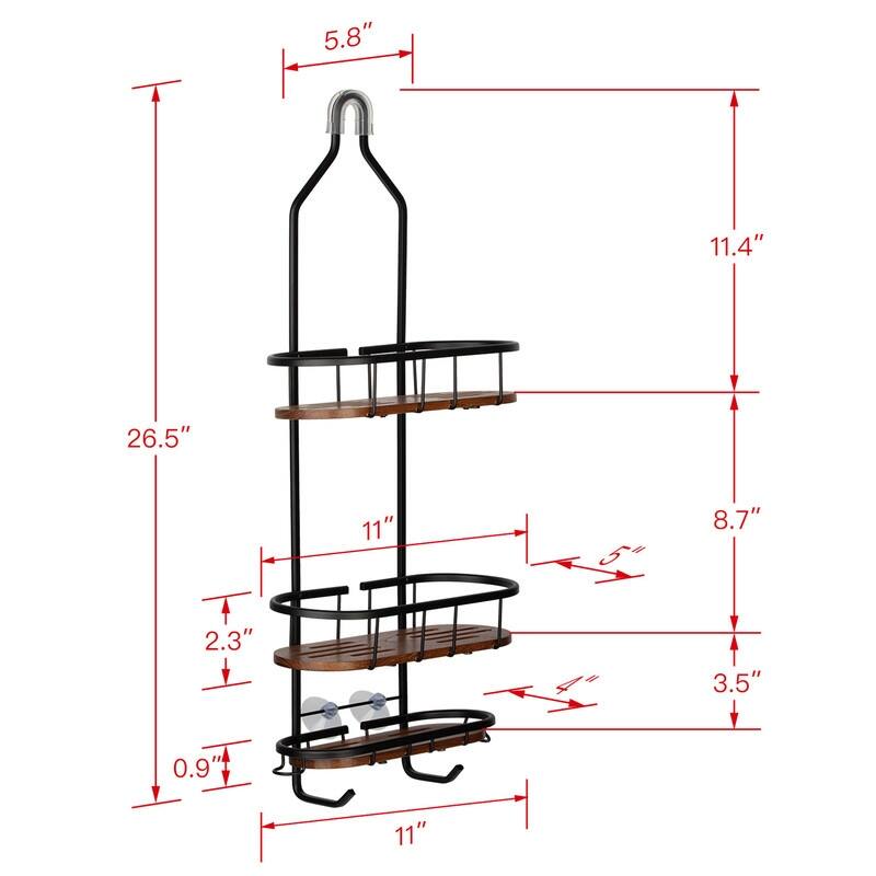 Utopia Alley Rustproof Teak Shower Caddy Organizer with 3 Shelves, Includes Shower Rod, Shower liner and shower hooks, Black
