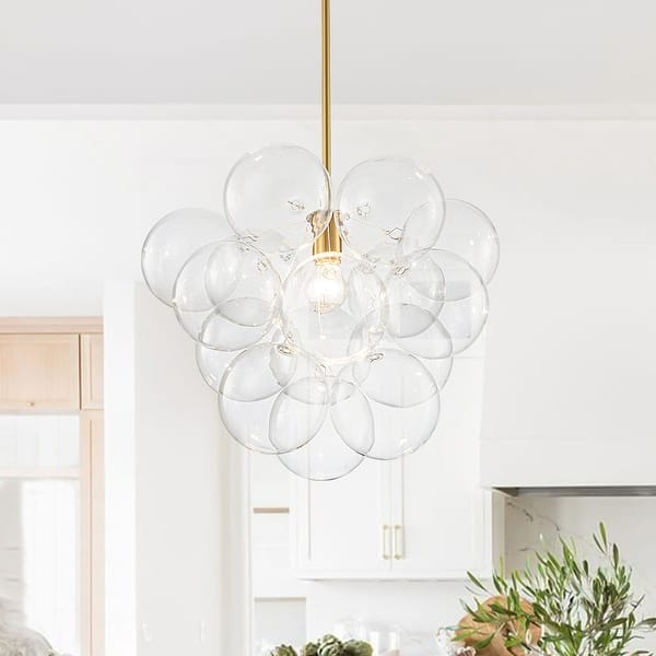 slide 2 of 65, Glam Single-light Dining Room Glass Globe Bubble Chandelier - 17.7 in Brass - Clear Glass