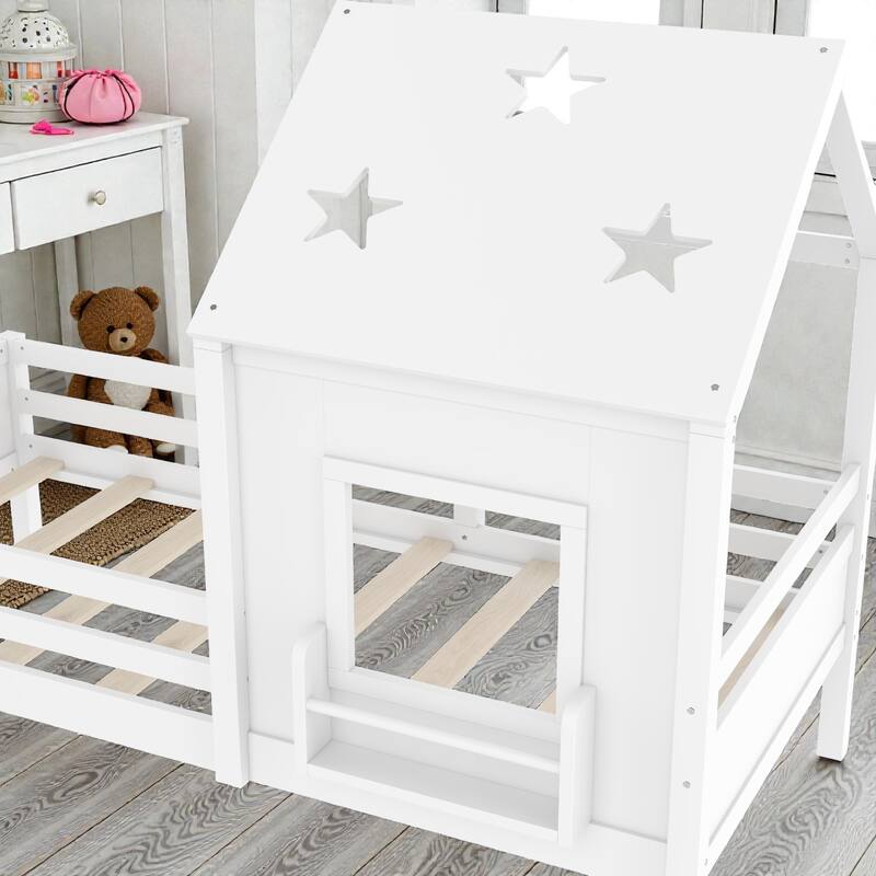 Kids House Platform Bed with Stairs, Star Roof, Window, Bookcase & Blackboard, Solid Wood Low Profile Bed No Box Spring
