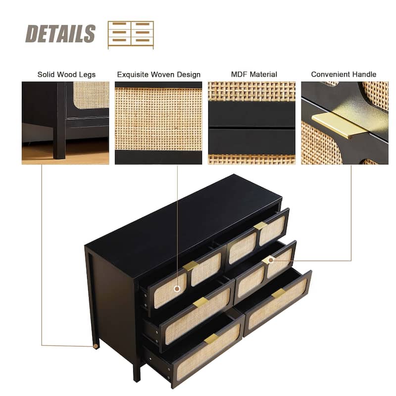 Wooden Rattan Woven 6-Drawer Storage Dresser Cabinet