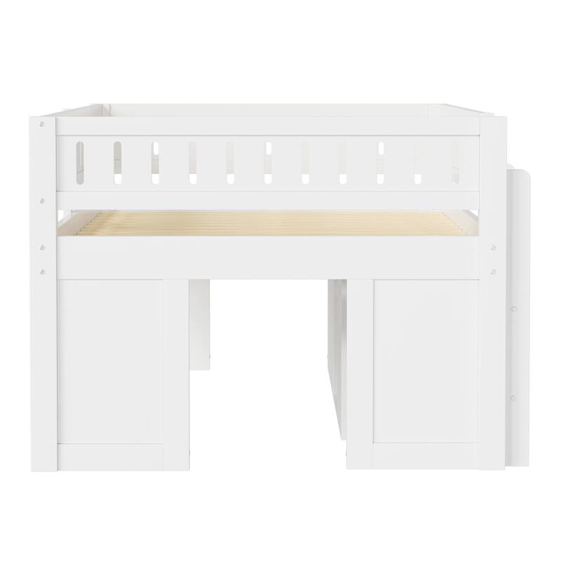 Wooden Full Size Loft Bed with Double-Door Storage Cabinet, Open Shelves and Chalkboard Panel