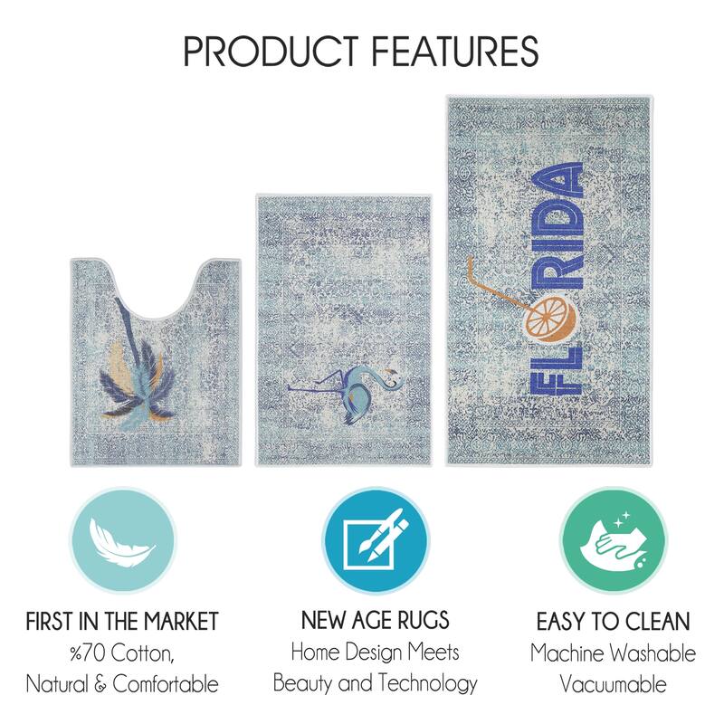 US States Design 3 Piece Bathroom Rugs Set - Non-Slip Ultra Thin Bath Rugs for Bathroom Floor - Washable Bathroom Mats Set