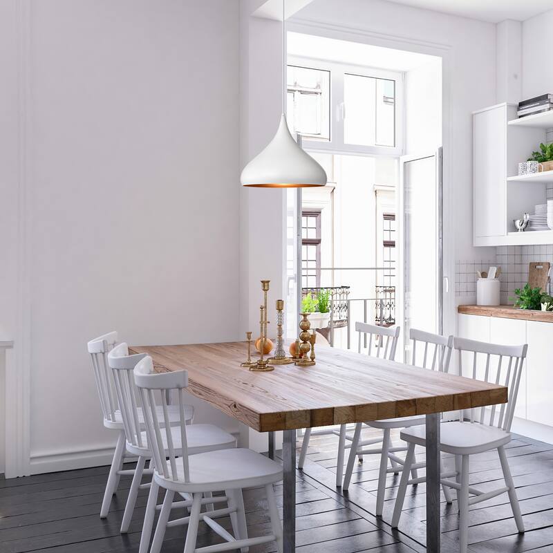 1-Light 12 in. White Single Pendant with Teardrop Metal Shade