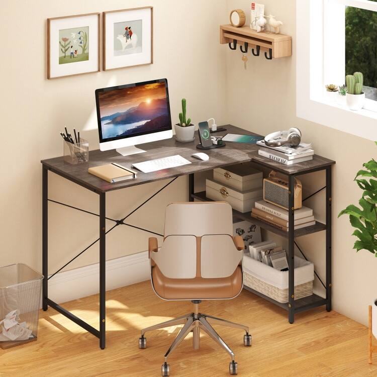 L-Shaped Engineered Wood Corner Desk with Charging Ports and Shelves
