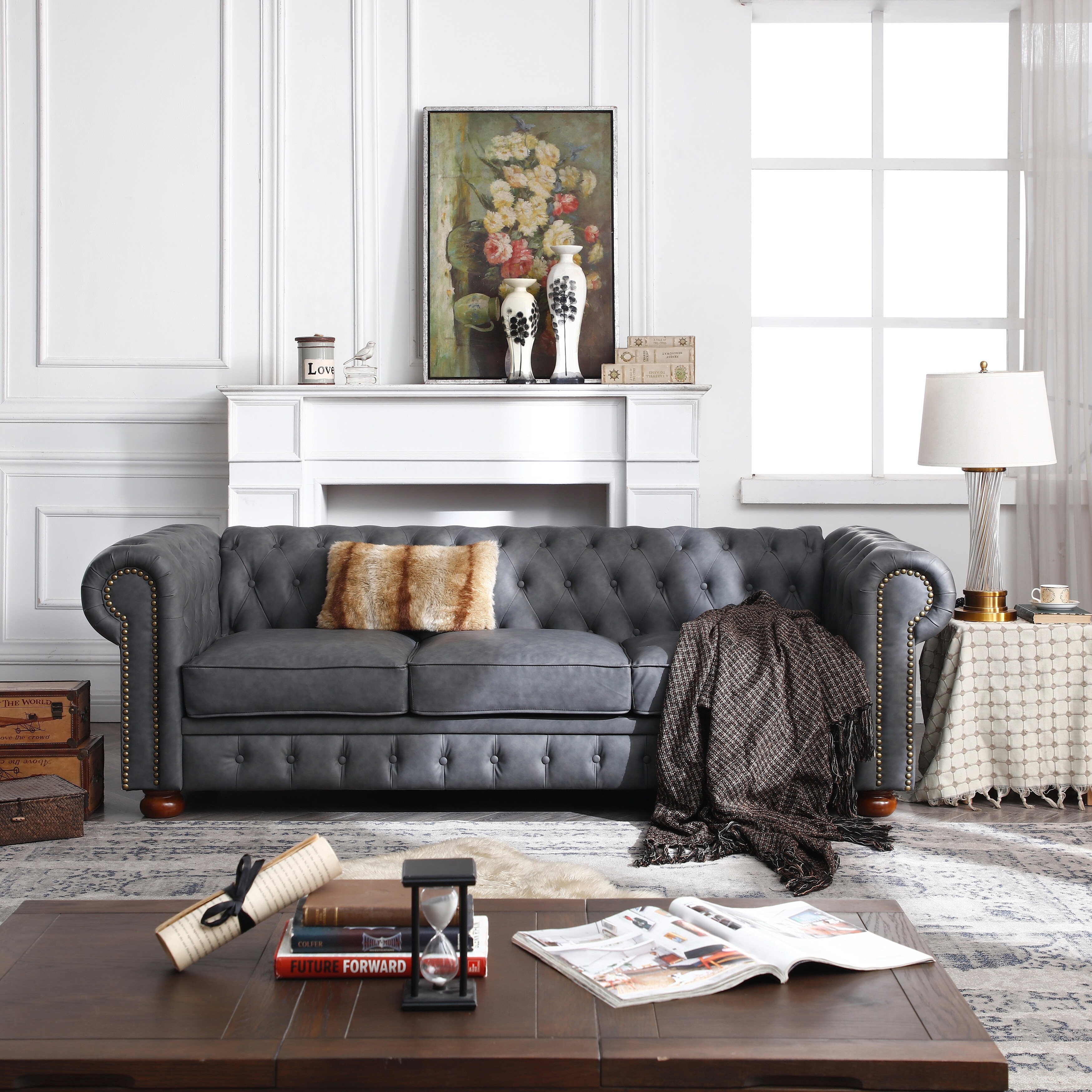 Chesterfield 3 seat Sofa Faux Leather Sleeper Loveseat Sofa Tufted Recliner Couch with Nailhead Rolled Arms for Living Room