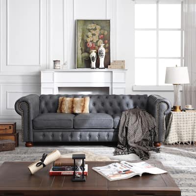 Classic Tufted Faux Leather Couch Living Room Chesterfield Sofa with Nailhead Trim, Pillows and Removable Cushions