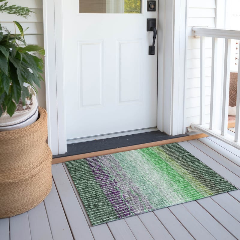 Machine Washable Indoor/ Outdoor Contemporary Stripes Chantille Rug - Fern - 1'8" x 2'6"