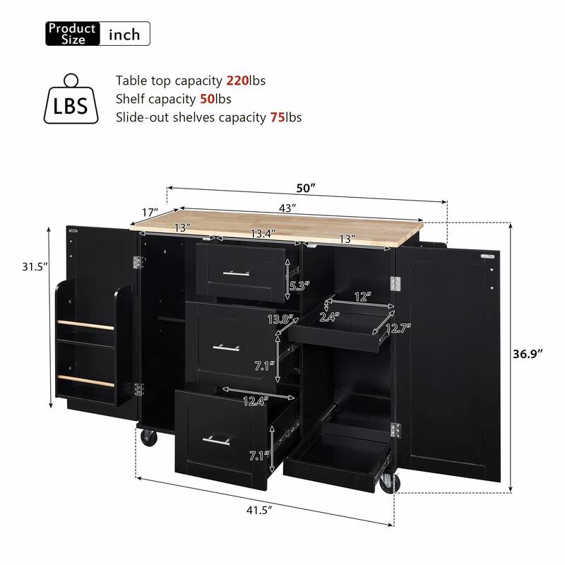 Rolling Kitchen Island with Rubber Wood Top, Drawers, Shelves, Internal Storage, Wheels, Spice & Towel Racks