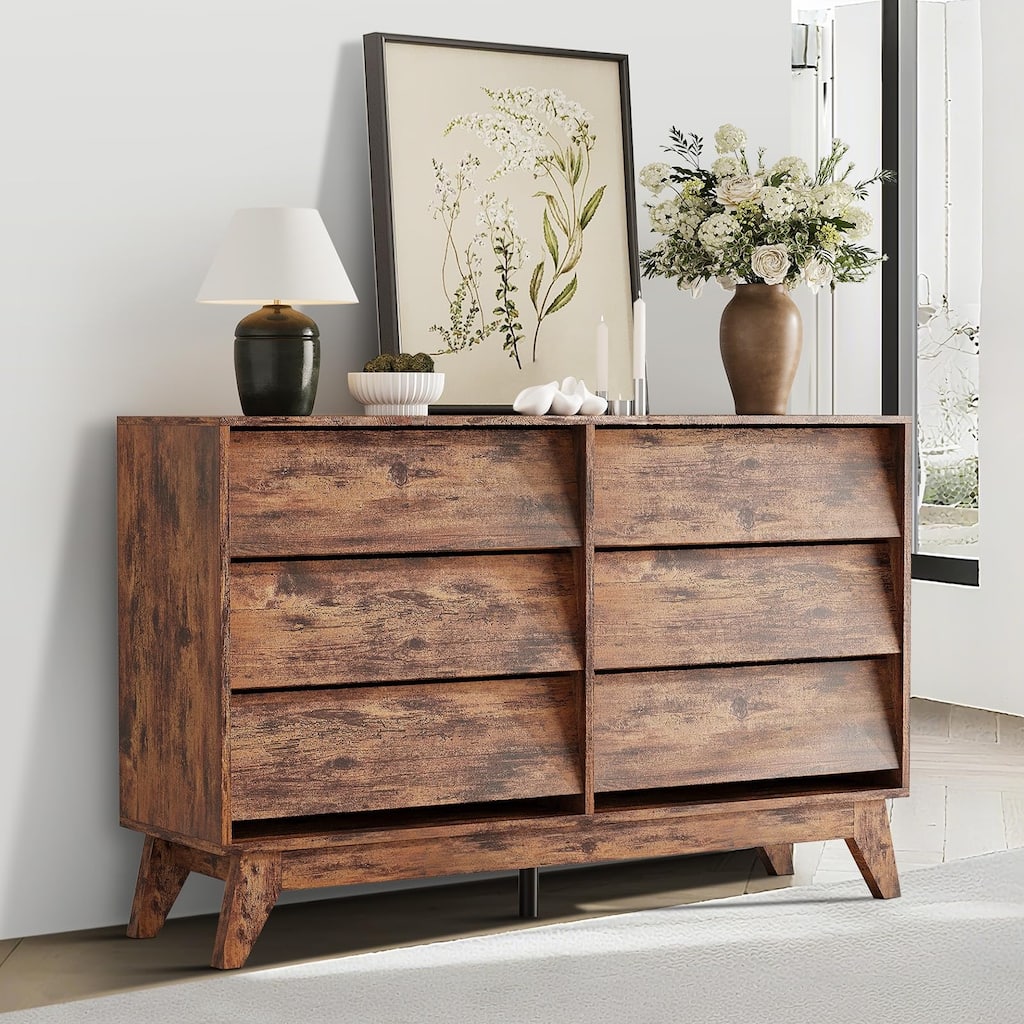 6-Drawer Dresser for Bedroom, 47.2" Wide Wooden Chest with Bevel Design, Mid-Century Vintage TV Stand