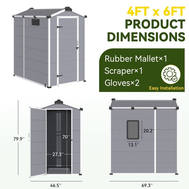 EROMMY Outdoor Storage Shed with Built-In Floor, Lockable Double Doors & Sloped Roof, Gray/Black