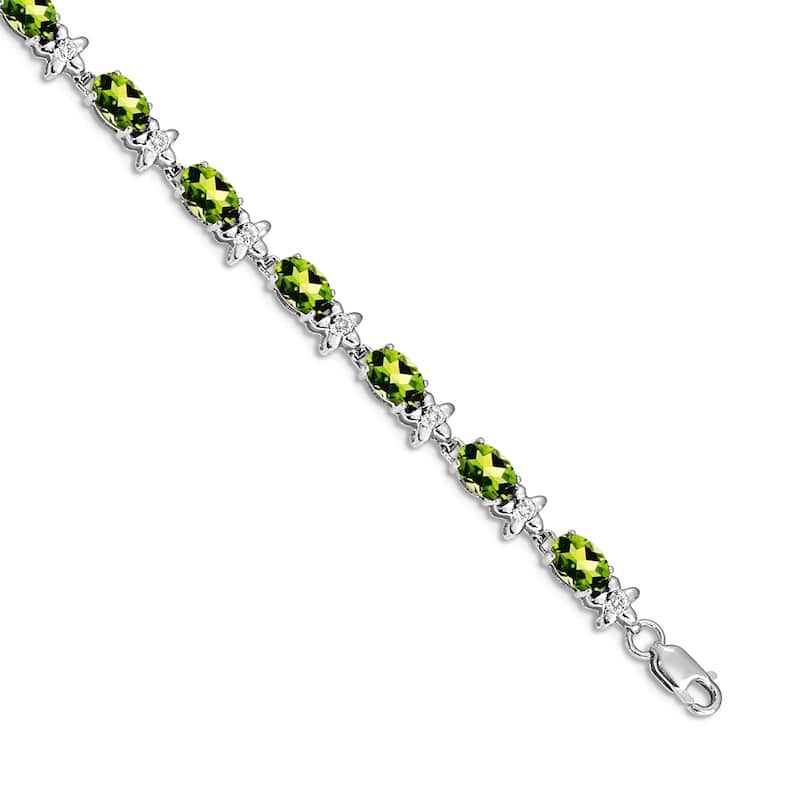 Curata Yellow or White 14k Gold 4.5mm 7" Gemstone and Diamond Flower Bracelet - Peridot - White