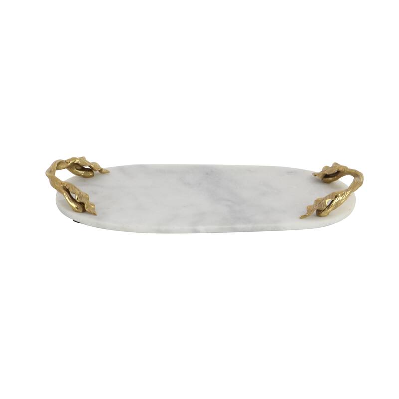 White Marble Oval or Rectangular Tray with Gold Twisted Leaf Handles