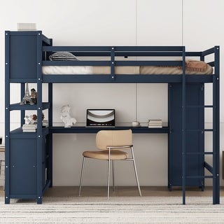 Multifunctional Design Wood Loft Bed with Cabinet, Bookshelf, Wardrobe and Desk, Full Size, Blue