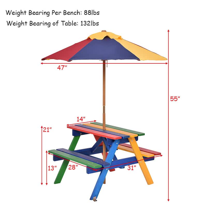 Costway 4 Seat Kids Picnic Table w/Umbrella Garden Yard Folding