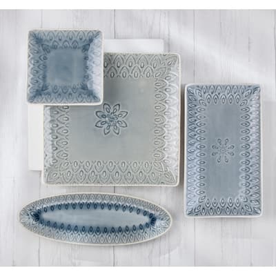 Euro Ceramica Peacock 12" Rectangular Crackle-Glazed Platter - 12.00 in. x 6.69 in. x 1.06 in.