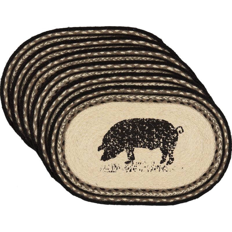 Sawyer Mill Charcoal Pig Jute Placemat Set of 6 12x18 - Placemat 12x18