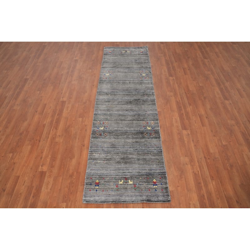 Hand Knotted Oriental Viscose Silk Carpet Tribal Animal Pictorial Greys & Charcoal Gabbeh Runner Rug - 8' 9'' X 2' 7''