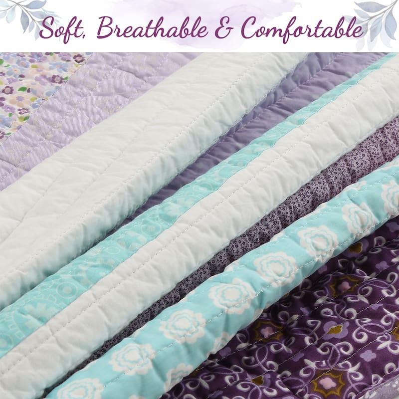 Cozy Line Purple Cosmos Spring Floral Stripe Garden Lavender Teal & White Ruffle Cotton Reversible Quilt Bedding Set