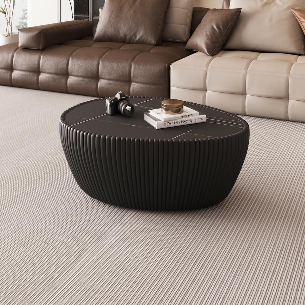 Black Sintered Stone Goose Egg Shape Leather Coffee Table - Unique Pattern