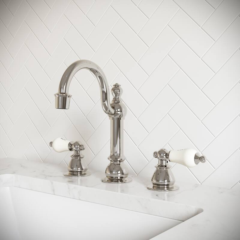 Widespread Lavatory Faucets with Pop-Up Drain in Polished Nickel (PVD) Finish with Metal Lever Handles - Hot and Cold labeled porcelain lever handles