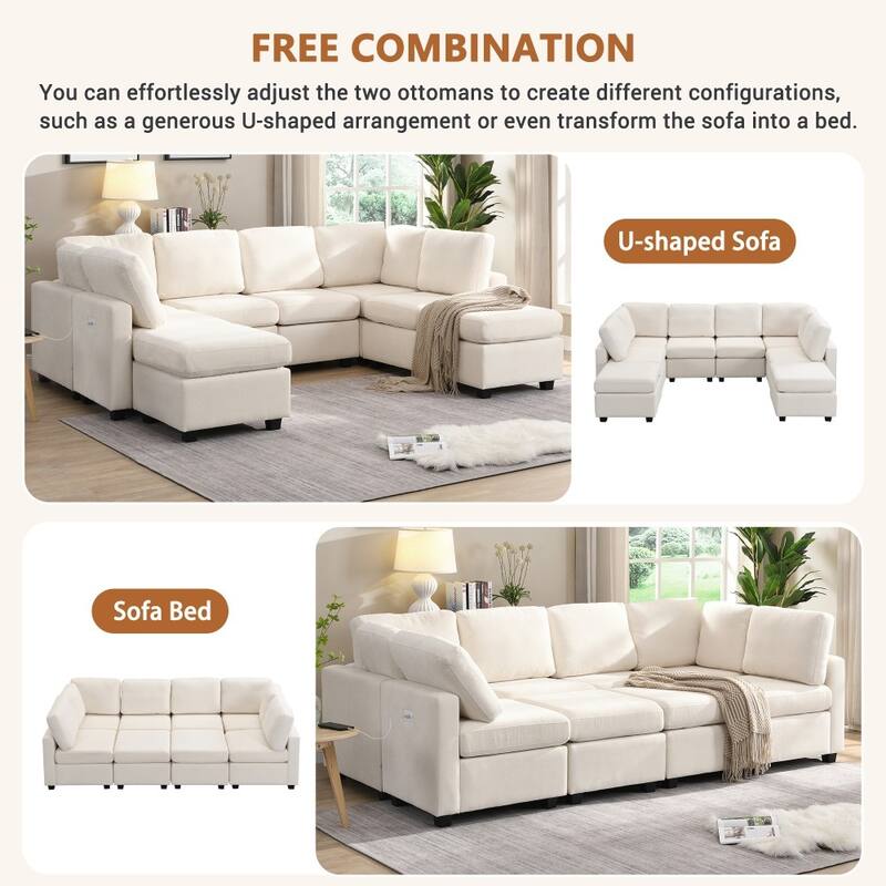 103" U-Shaped Free Combination Modular Sectional Sofa with Two Movable Ottomans and Three USB Ports