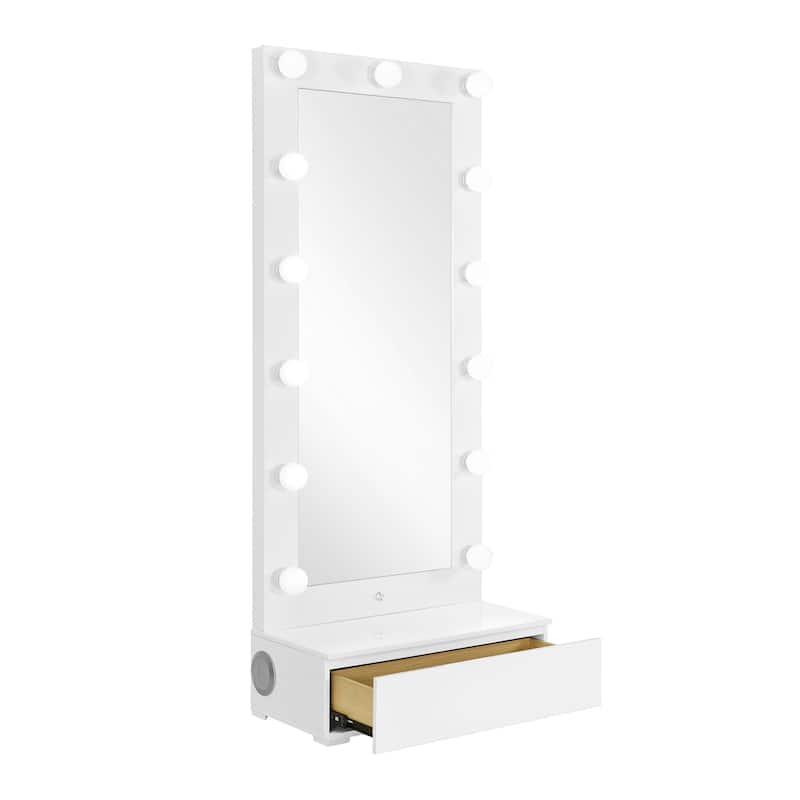HomeRoots 74" White Wood Lighted Freestanding Framed Full Length Mirror - 30.08 in. x 74.41 in. x 14.96 in.