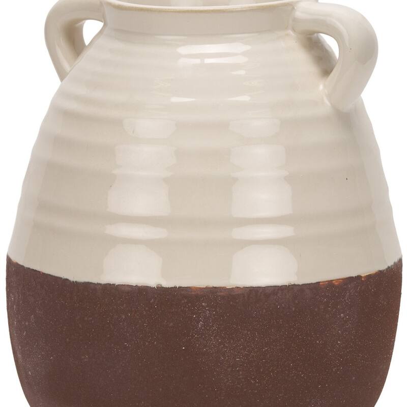 14" Brown And Cream Ceramic Amphora Table Vase - 9.05