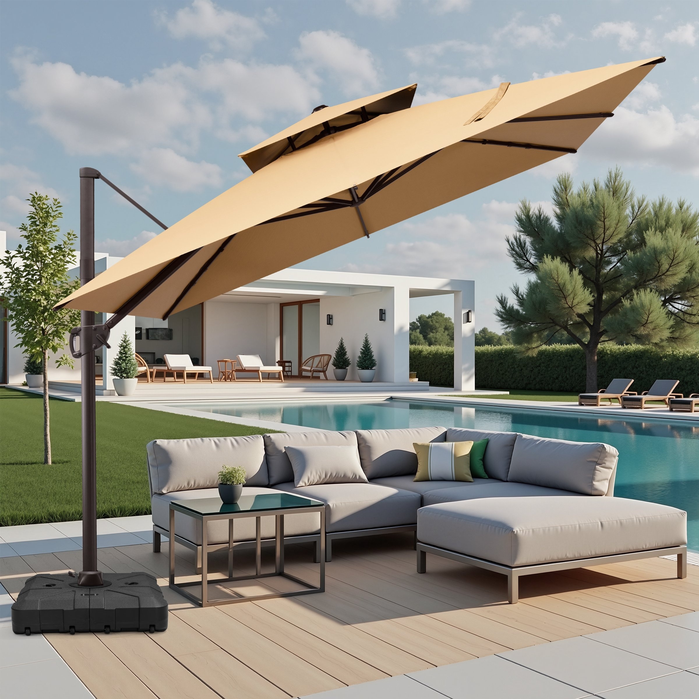 11x11 patio umbrella 11' Market Umbrella, Cast Ash Powder coated metal frame in brown finish 100% 250gsm polyester fabric Freely adjust heights and tilt positions (6 Tempo 11 ft. Aluminum Market