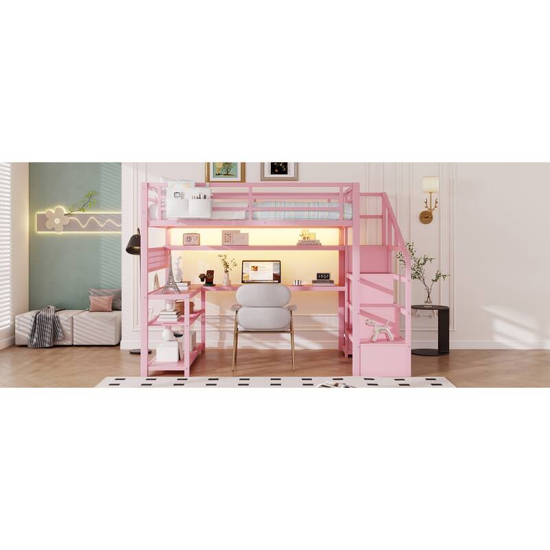 Roomfitters Full Metal Loft Bed, L-Shaped Desk and LED Staircase Wardrobe with Charging Station for Girls Bedroom