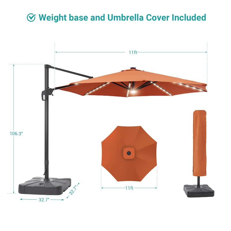 11FT Solar LED Patio Cantilever Umbrella With Resin Base by Bonosuki
