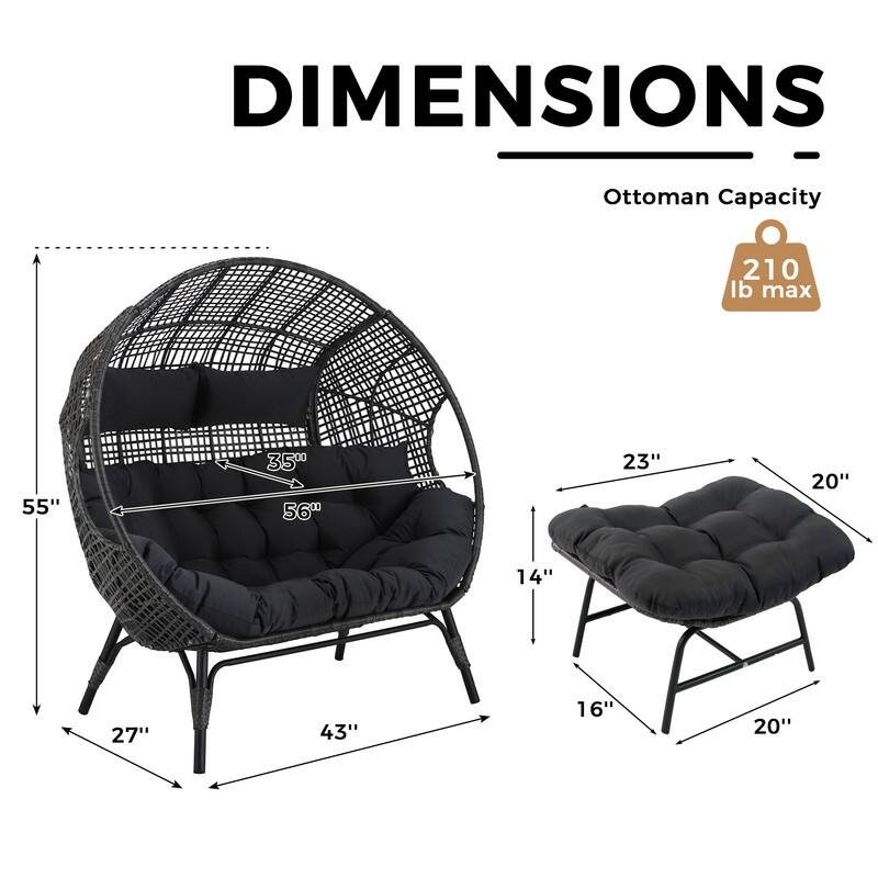 2-Person Outdoor Wicker Egg Chair Loveseat with 2 Ottomans and Cushions