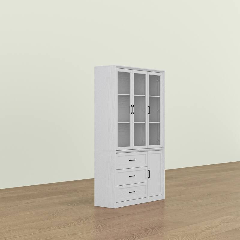 79.6"H Display Bookcase Pantry Cabinet Sideboard with Tempered Glass Doors White/Brown